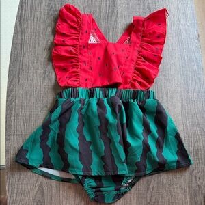 SHEIN Red and Green Watermelon Print Ruffle One-Piece Bodysuit